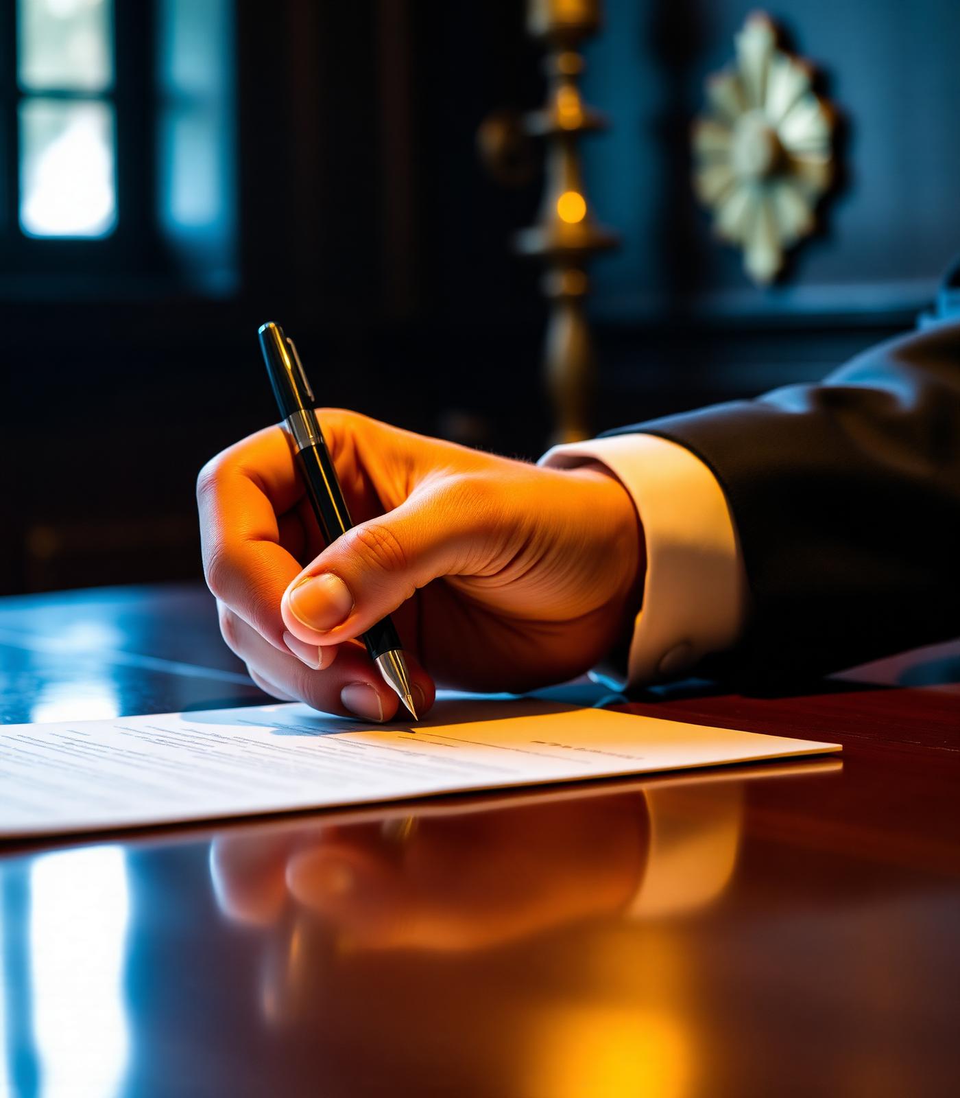 Client signing an engagement document with a fountain pen